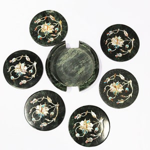 Coasters Set in Black Marble / MOP Inlaid Coasters for Gifts / Handmade Coasters Set for Corporate Gifts / Set of Six Coasters with Holder
