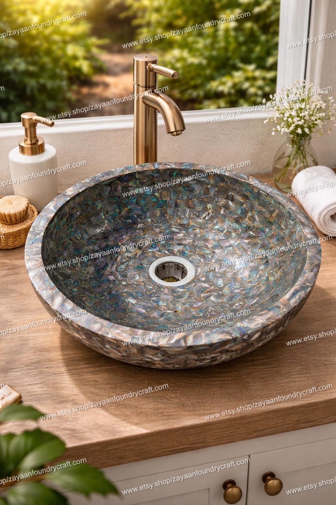 Abalone Shell Vessel Sink – Handcrafted Iridescent Gemstone Bathroom ...
