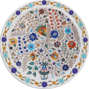 15&quot; Inches Beautiful Marble Plate, Handmade Turquoise Desing Inlay Art, Unique Gifts for Home, Kitchen & Dining Tray, Housewarming Gift