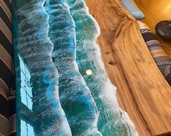 Epoxytafel, eetkamer, bank, tafelblad midden tafelblad walnotenhouten tafel, op bestelling gemaakt