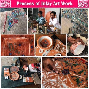 May include: A close-up of the process of creating inlay artwork. The image shows several steps, including cutting and shaping the materials, applying glue, and setting the stones. The final product is a beautiful and intricate piece of art.