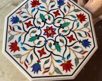White Marble Inlay Table: Floral Pietra Dura Art, Home Decor