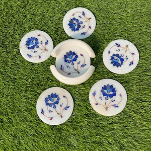 Marble Coaster Set: Floral Inlay Art, Handmade Drink Coasters