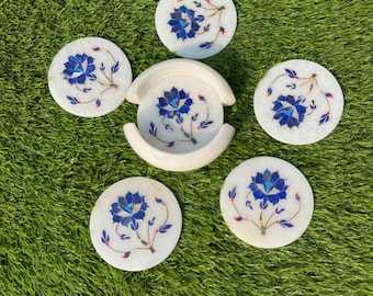 Marble Coaster Set: Floral Inlay Art, Handmade Drink Coasters