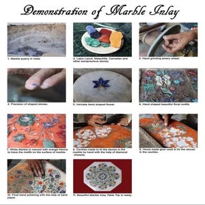 May include: A step-by-step guide to creating a marble inlay table top. The process includes quarrying marble, shaping stones, creating cavities, and applying glue to secure the stones. The final step is polishing the table top with sandpaper.