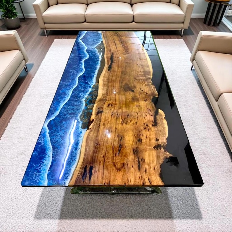 Acacia Wood Ocean Resin River Table | Live Edge Dining Tabletop. - Etsy