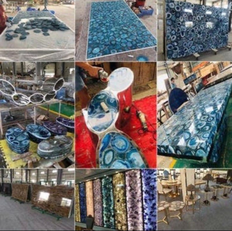 May include: A collection of agate slabs in various shades of blue, purple, and green. The slabs are used to create tabletops, countertops, and other decorative items. The image shows the slabs in different stages of production, from raw slabs to finished products.