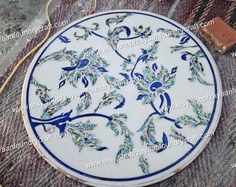 White Marble Table Top: Lapis & Abalone Floral Inlay, Handmade