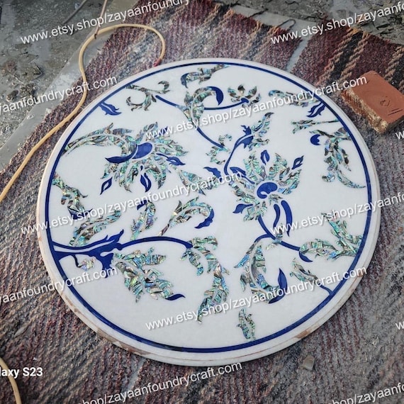 White Marble Table Top: Lapis & Abalone Floral Inlay, Handmade