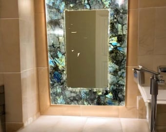 Espejo de pared rectangular de labradorita: espejo de baño personalizable hecho a mano