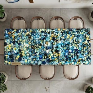 Luxury Backlit Blue Agate Dining Table Top | Custom Gemstone Surface with Edge Branding | Modern Interior Design