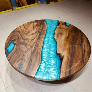 Custom Round Epoxy Dining Table: Metallic Green River, Walnut Wood