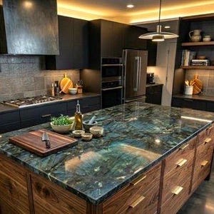 May include: A kitchen island with a polished blue and green labradorite stone countertop and a wooden base with gold handles. On the surface sits a wooden cutting board with a knife, a bowl of green herbs, a glass oil bottle, and small bowls.