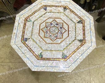 Mother of Pearl Coffee Tabletop, Mosaic Handmade Marble Inlay Art, Office Decor