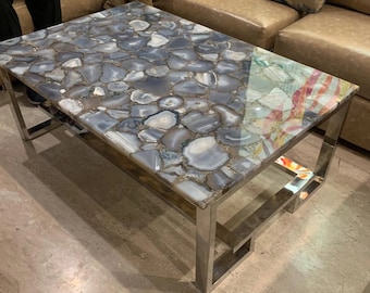 Handmade Grey Agate Coffee Table Top: Natural Stone Center Table (12 x 9)