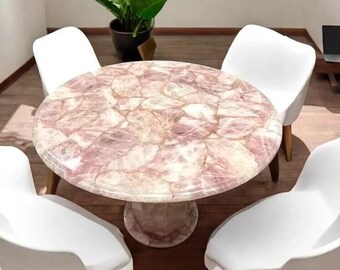 Rose Quartz Tabletop: Handcrafted Inlay Dining or Coffee Table.