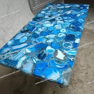 Blue Agate Rectangular Tabletop: Handmade Stone Dining or Coffee Table (Customizable)