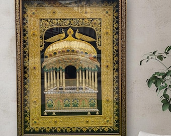 Peacock Throne Hand Embroidered Zardozi Wall Art: India Decor