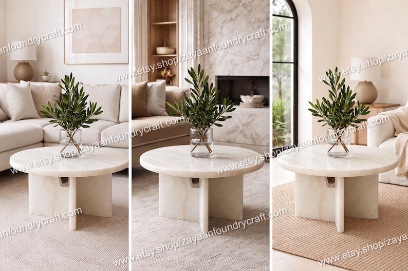 May include: A set of three images showcasing a modern living room with a round, off-white marble coffee table. The table has a pedestal base. Each table holds a clear vase with green leafy branches. The room features neutral tones and natural light.