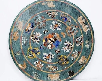 Marble Inlay Tabletop: Semiprecious Stone Floral Art