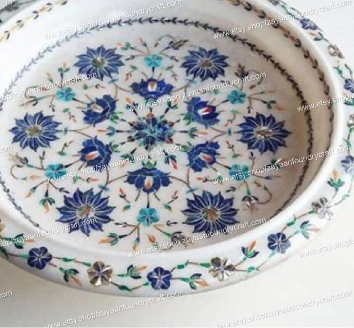 手作り大理石フルーツボウル：花の象嵌アート装飾（12インチ） - Etsy 日本