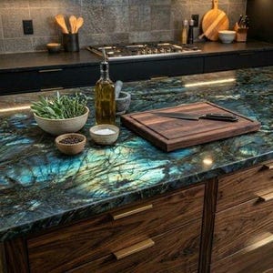 May include: A kitchen island featuring a blue and black granite countertop with a dark wood cutting board, a chef's knife, a glass bottle of olive oil, a bowl of fresh green herbs, and a small bowl of peppercorns set against dark wood cabinets.