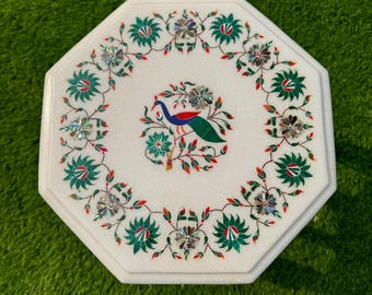 Handmade White Marble Inlay Table Top: Peacock Floral Art