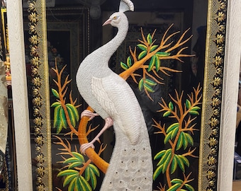 Framed Zardozi Peacock Embroidery: Multi-Colored Persian Art (39x75 inches)