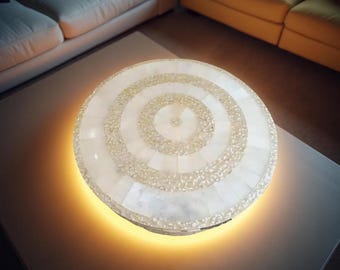 Selenite & Mother of Pearl Coffee Table – Sunburst Wall Panel, Stone Backsplash, Elegant Selenite Dining Tabletop