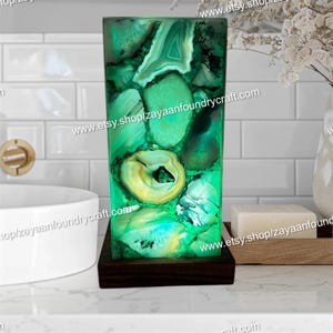 Green Agate Table Lamp: Natural Gemstone Night Light, Geode Decor