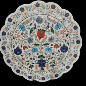 15&quot; Inches Beautiful Marble Plate, Handmade Turquoise Desing Inlay Art, Unique Gifts for Home, Kitchen & Dining Tray, Housewarming