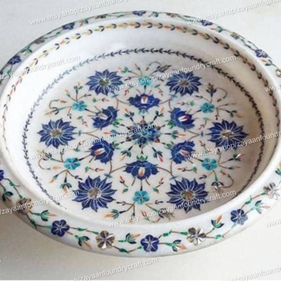 手作り大理石フルーツボウル：花の象嵌アート装飾（12インチ） - Etsy 日本