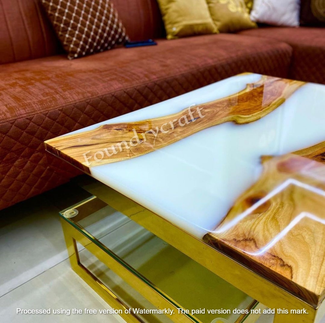 White Resin Epoxy Acacia Wood Dining Table, Epoxy Living Room Table