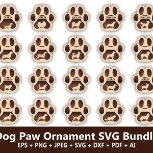 Hond Paw Ornament SVG-bundel, hond Paw SVG-bundel, hondenras ornamenten SVG, hond Paw lasergesneden bestand, hond Paw aangepaste naam ornamenten SVG