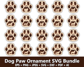 Pacchetto di ornamenti con zampa di cane in formato svg, Pacchetto di ornamenti con zampa di cane in formato svg, Ornamenti con razza di cane in formato svg, File di taglio laser con zampa di cane, Ornamenti con nome personalizzato con zampa di cane in formato svg