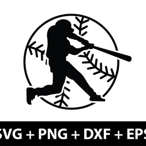 May include: Black and white silhouette of a baseball player swinging a bat, with a baseball graphic in the background.