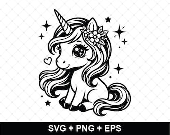 Cute Unicorn SVG, Baby Unicorn Cricut File, Kawaii Unicorn PNG, Girls Birthday Shirt SVG, Floral Unicorn Cut File, Instant Download