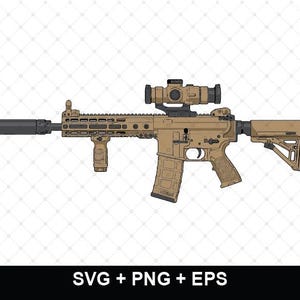 May include: A tan-colored tactical rifle illustration featuring a suppressor, a vertical foregrip, a mounted optic sight, and a textured magazine. The design is presented in a flat, graphic style with black outlines, suitable for digital use as SVG, PNG, or EPS files.
