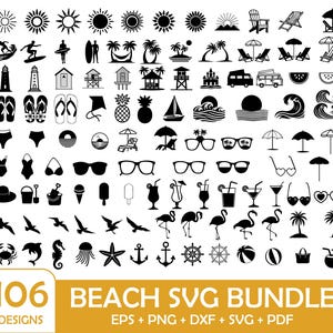 Puede incluir: Una colección de 106 diseños SVG negros con temática de playa, que incluyen soles, olas, gafas de sol, sillas de playa y más. El texto "BEACH SVG BUNDLE" se muestra en un rectángulo amarillo, junto con "106 DESIGNS".