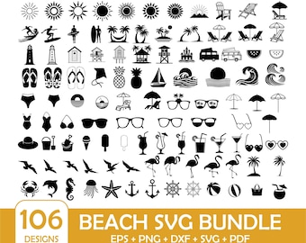 May include: A collection of 106 black beach-themed SVG designs, including suns, waves, sunglasses, beach chairs, and more. The text "BEACH SVG BUNDLE" is displayed in a yellow rectangle, along with "106 DESIGNS".