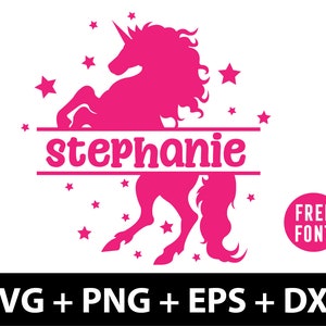 May include: Pink silhouette of a unicorn with a star and the name Stephanie written in a banner below. The design is surrounded by stars.