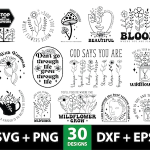 花の名言 svg バンドル、花のモチベーションを高める名言 svg、ポジティブな名言 svg、野の花の名言 svg、インスピレーションを与える名言、Stay Wild svg