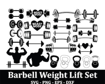 30 barbell gewichtheffen set svg, gewichtheffen svg bundel, sportschool svg bundel, sportschool silhouet, barbell svg bundel, fitness svg, training svg