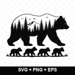 Könnte beinhalten: Eine schwarze Silhouettengrafik eines großen Bären mit einer Wald- und Berglandschaft im Inneren seines Körpers, gefolgt von vier kleineren Bärenjungen, die in einer Reihe darunter laufen. Der Text SVG + PNG + EPS steht unten im Bild.