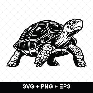 Könnte beinhalten: Eine schwarz-weiße grafische Illustration einer Schildkröte im Profil, mit einem detaillierten Panzer mit geometrischen Mustern und strukturierter Haut an Beinen und Hals. Der Text SVG + PNG + EPS ist unten im Bild in Weiß dargestellt.