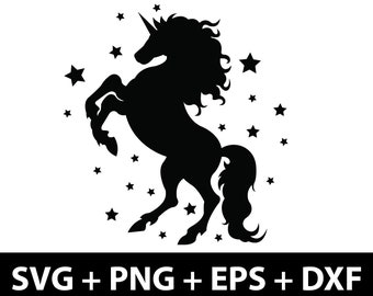 Puede incluir: Silueta negra de un unicornio con un cuerno y una melena fluida, rodeada de estrellas blancas sobre un fondo blanco.