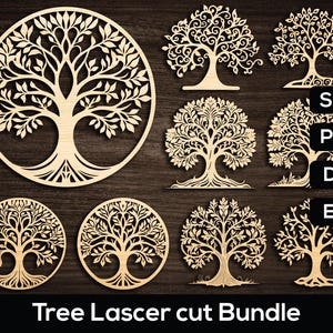 May include: A collection of laser-cut wooden tree designs in various styles, including circular and standalone tree shapes. The designs are light brown and set against a dark brown background. The text "Tree Laser cut Bundle" is at the bottom.
