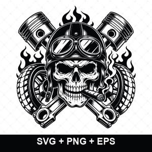 May include: A black and white graphic illustration featuring a skull wearing a vintage helmet with goggles and a cigar in its mouth. The skull is positioned in front of two crossed engine pistons and two tires, all surrounded by stylized flames.