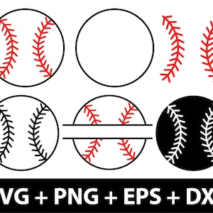 May include: A set of six baseball-themed SVG cut files. The files include a baseball with red stitching, a baseball with black stitching, a baseball with red stitching and a blank space for text, a blank circle, and two baseball stitches.