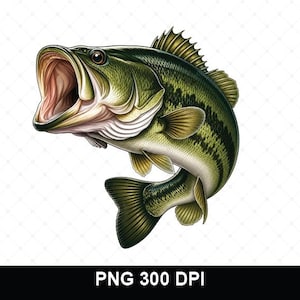 May include: A detailed illustration of a largemouth bass fish with its mouth wide open. The fish features olive green and dark green scales, a light-colored underbelly, and translucent fins. The text PNG 300 DPI is visible at the bottom.